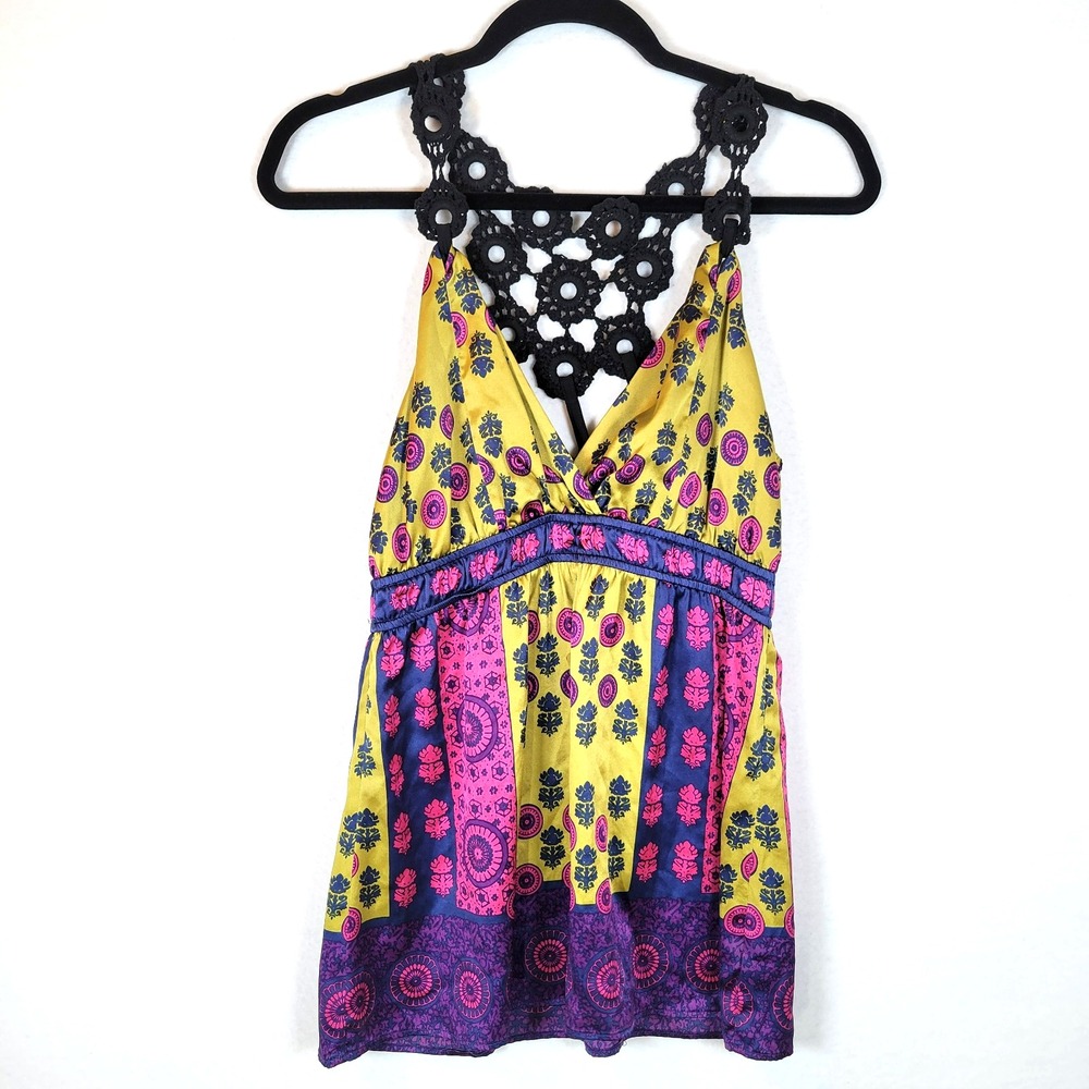 Hale Bob Womens Silk Baby Doll Floral Tank Top Size XS Yellow Y2k Retro Crochet
